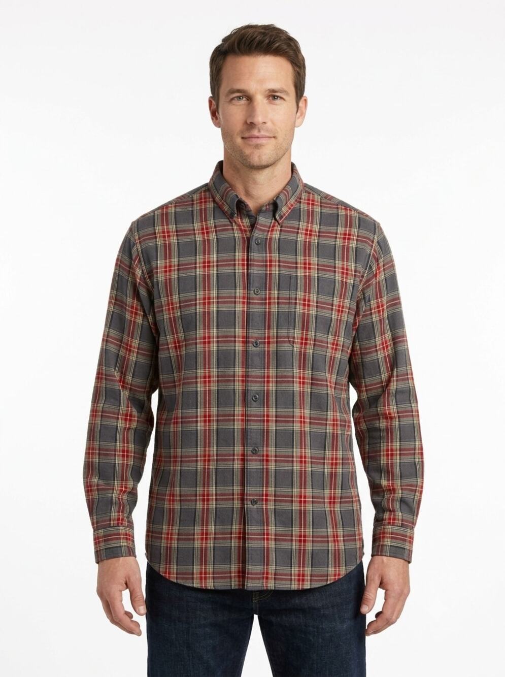L.L. Bean Button Down Shirt Men's XL Tall Gray Red Tartan Plaid Flannel Outdoor